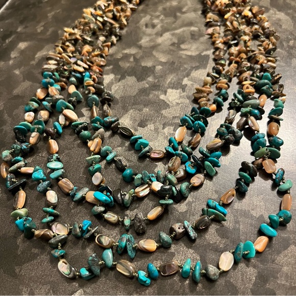 Vintage Sterling Silver Abalone Turquoise Polished Beaded Multi Strand Necklace - Picture 3 of 4